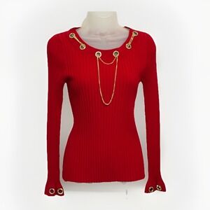 Rare Fontana Rhinestone Neck Sleeves Gold Necklace Ribbed Sweater Size M NWT